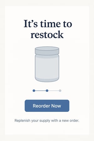 Subscription replenishment reminder email encouraging reorders, a key tactic in automated retention marketing cycles.
