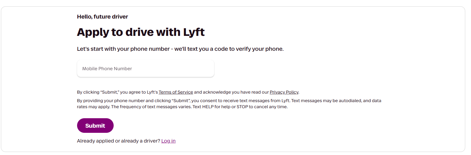 Lyft driver application page with a phone number field and Submit button designed to encourage sign-ups.
