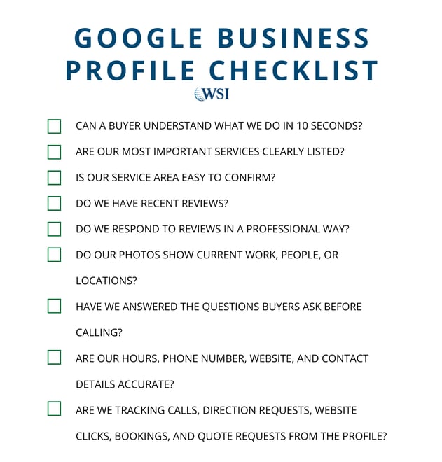 Google Business Profile checklist for improving calls, trust, accuracy, reviews, photos, and buyer questions.