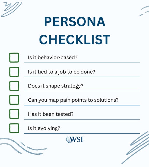 Persona checklist covering behavior, jobs to be done, strategy, pain points, testing, and ongoing updates.
