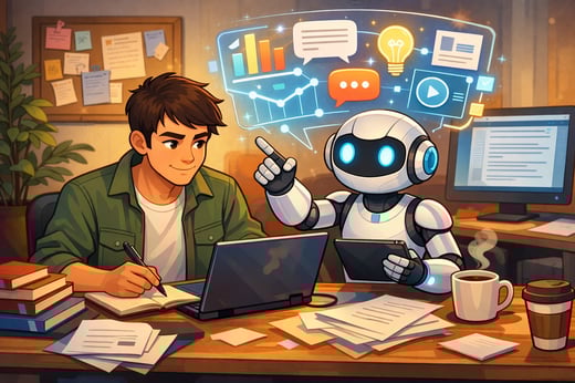 A human and robot working together at a desk, with digital icons showing data and ideas, representing the blend of AI and human writing.