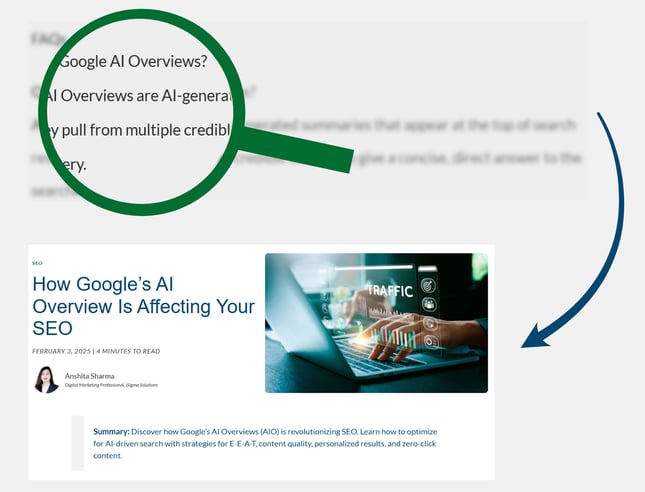 Screenshot of blog on how Google AI impacts SEO and using optimized content for lead generation success.