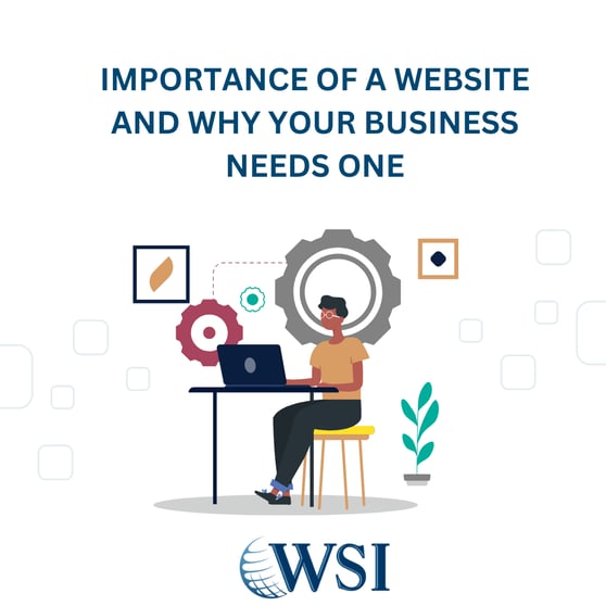  Person working on a laptop with gears and icons, illustrating the importance of a website and why your business needs one. 