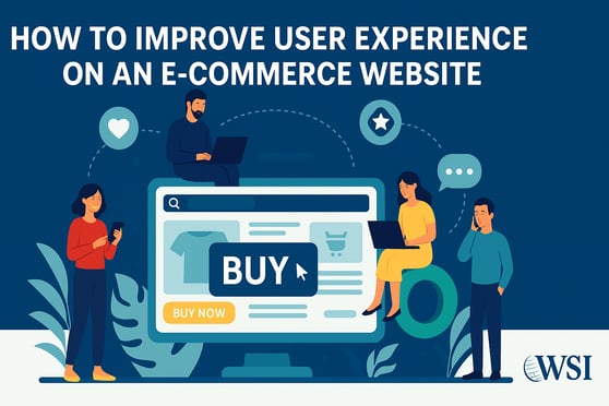 Illustration of people using an e-commerce website, showing ways to improve user experience and increase online purchases.