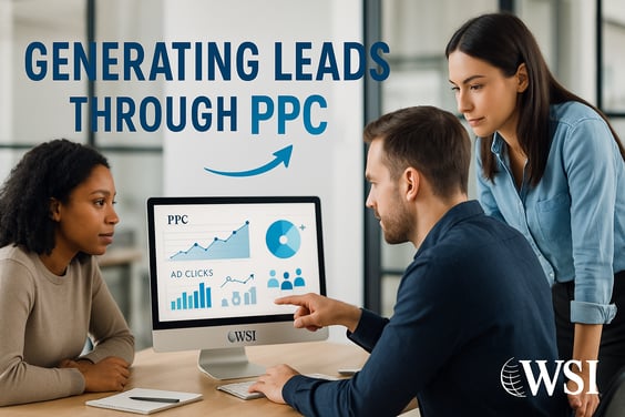 Graphic showing three people reviewing PPC data on a computer screen, showing how to generate leads through paid search ads.