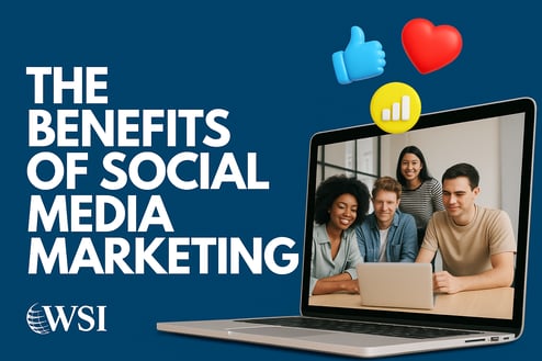 Image showing “The Benefits of Social Media Marketing” with a laptop displaying a team and icons for likes, love, and growth.