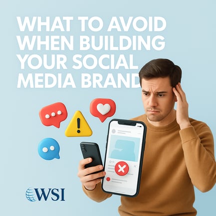 Man holding phone with warning icon, looking concerned, representing what to avoid when building a social media brand.