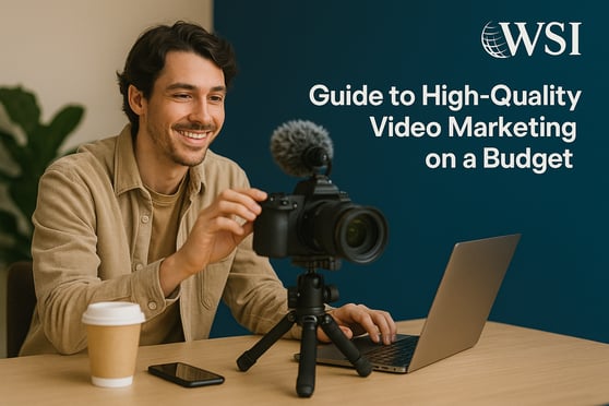 Visual of a man filming with a camera and using a laptop, representing a guide to high-quality video marketing on a budget. 