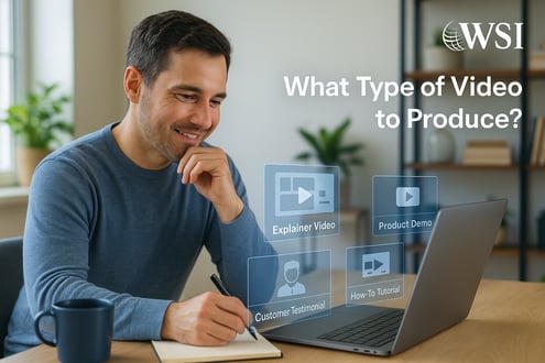Image of a man at a laptop reviewing video types like explainer, product demo, testimonial, and tutorial for marketing.