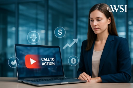Visual of a woman viewing a laptop with a “Call to Action” button and icons for money, ideas, and business growth.