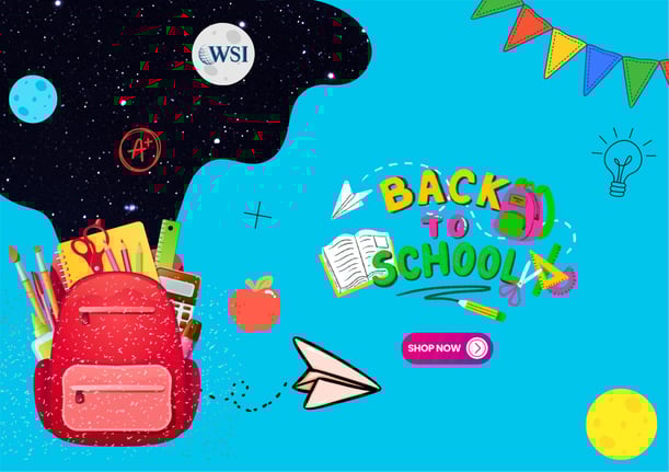 Back-to-school promo with backpack and supplies, representing educational seasonal marketing strategies.