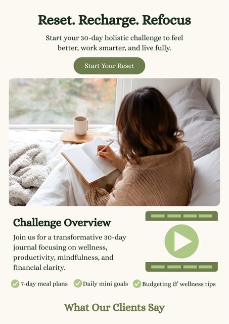Website for 30-day reset challenge promoting health and wellness through New Year seasonal marketing strategies.