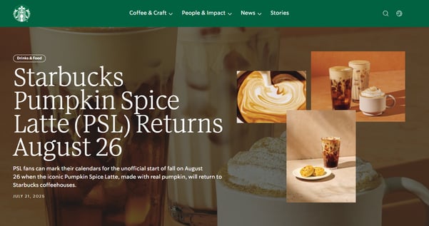 Starbucks ad for Pumpkin Spice Latte return, a recurring example of fall seasonal marketing strategies.