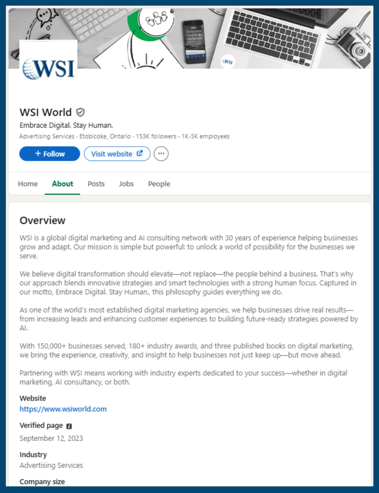 WSI World LinkedIn company page showing its About section, company overview, website, industry, and follower count.