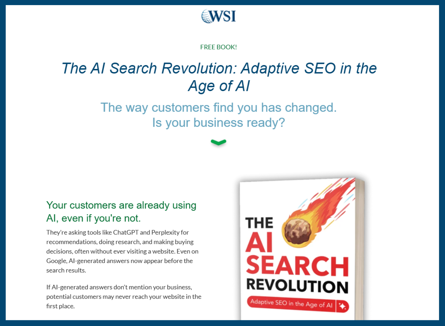 Landing page promoting WSI’s free eBook, The AI Search Revolution: Adaptive SEO in the Age of AI.