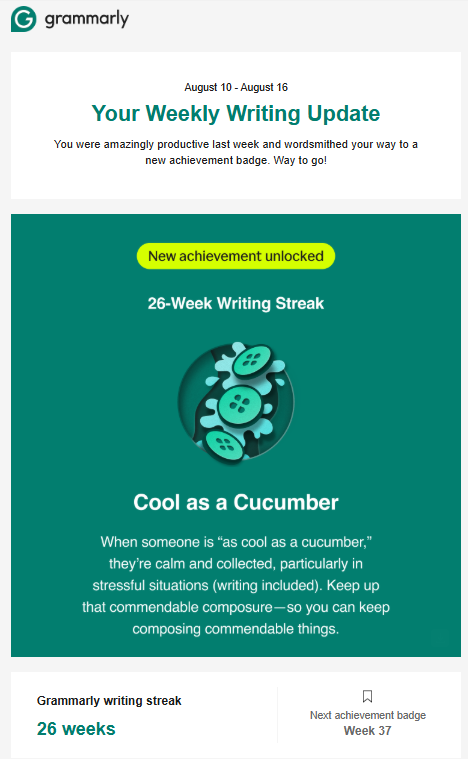 Grammarly personalized weekly email showing a 26-week writing streak and achievement badge.