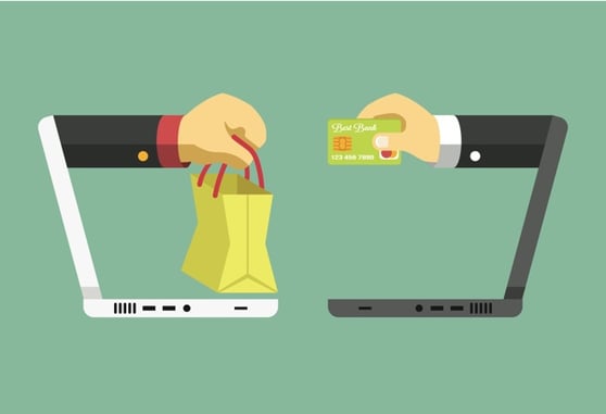 Vector image two laptops with two hands exchanging goods and money